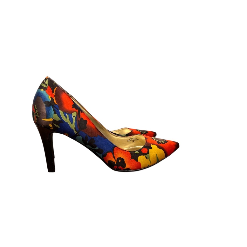 J. Renee Pegasis Floral Pointed Toe Pumps Multi Color Satin Heels Size 7M